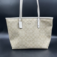 COACH Signature City Tote Khaki Chalk Canvas White Leather Shoulder Bag
