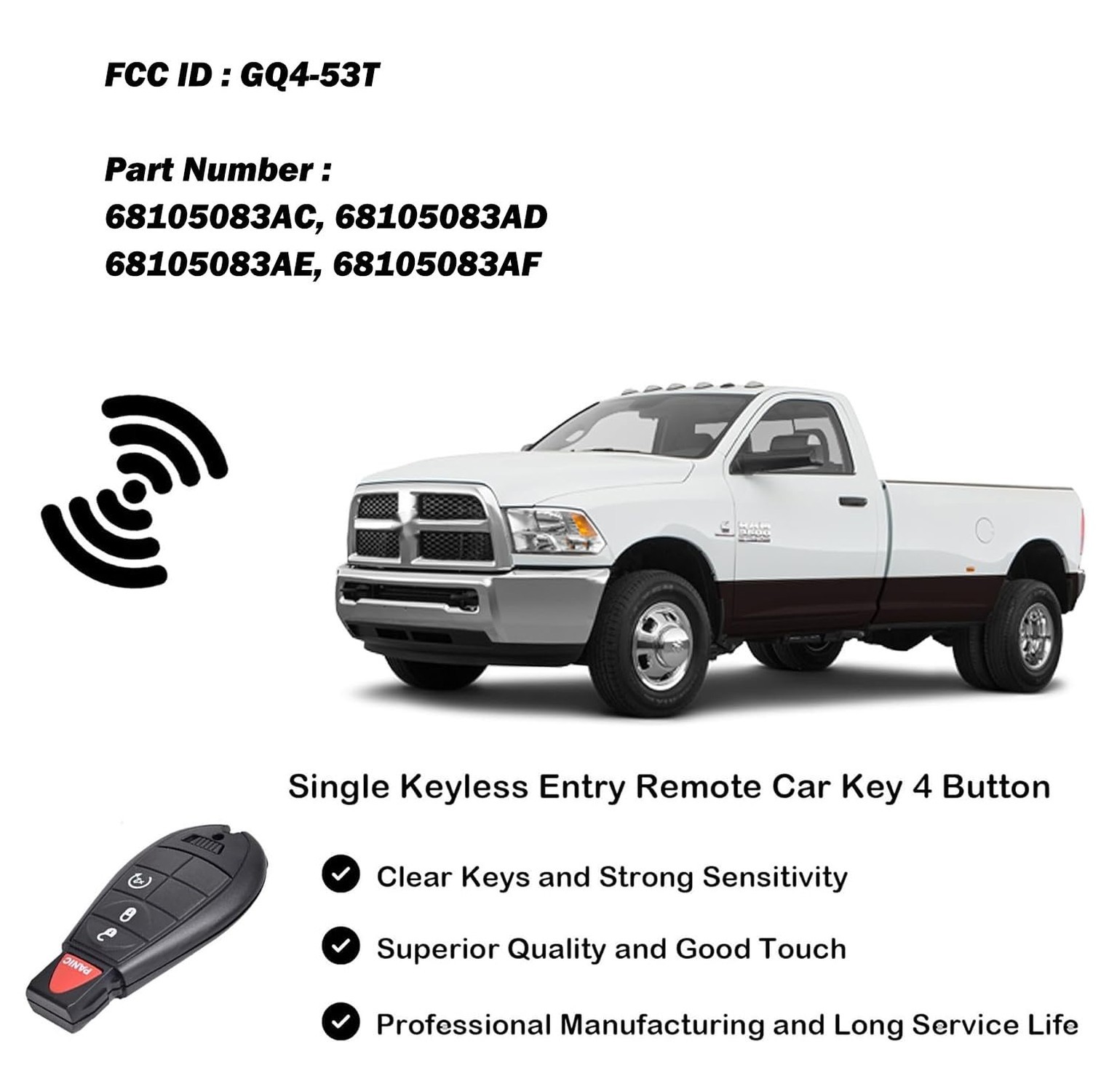 Key Fob Two Keyless Entry Remote Control Car Keys 4 Button Smart Key 433MHz C...