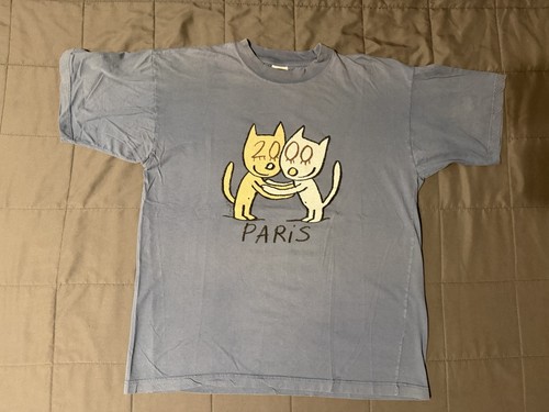 Vintage 2000 Lemaître Paris France Cat Souvenir T Shirt Alma Mater Blue Y2K