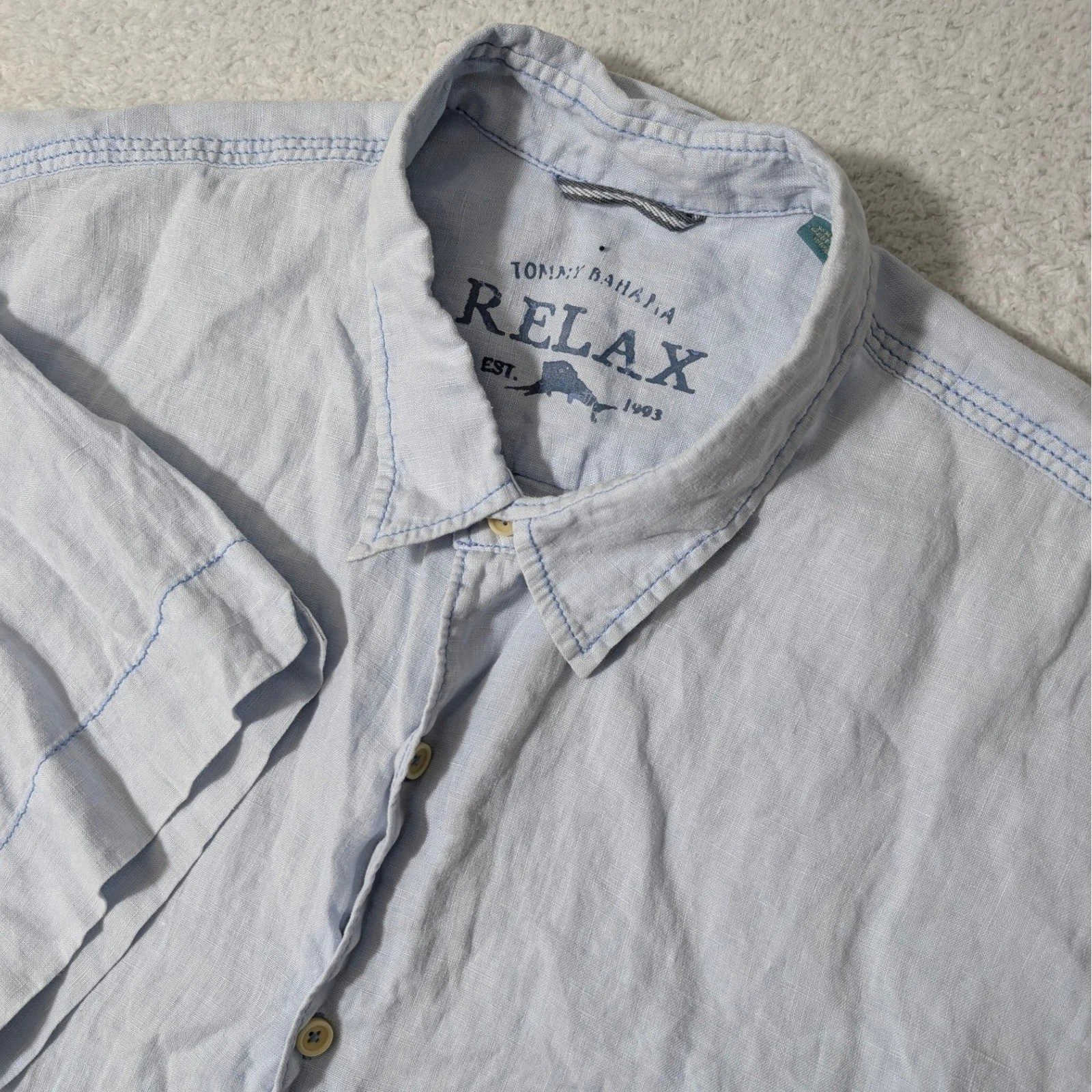 Tommy Bahama Button Front Shirt Mens XXL Light Blue 100% Linen S/S Relax