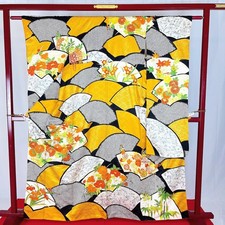 Japanese Kimono 'FURISODE' Silk/Black/Orange/Flower/ Shibori/Vintage N0548