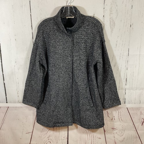 Eileen Fisher Snap Front Jacket M Black Organic Cotton Boxy Oversized Lagenlook - Picture 1 of 12