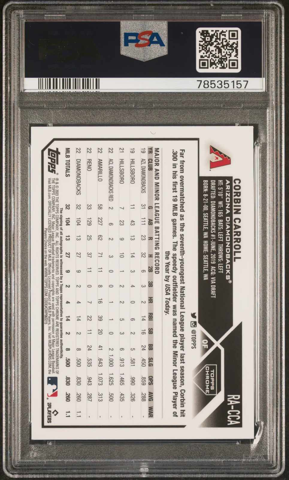 2023 Topps Chrome Rookie Autograph Corbin Carroll /299 PSA 9 view 2