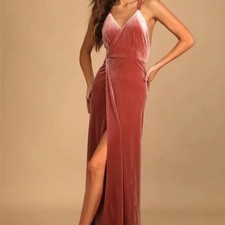 Whimsical Romance Mauve Velvet Faux-Wrap Maxi Dress