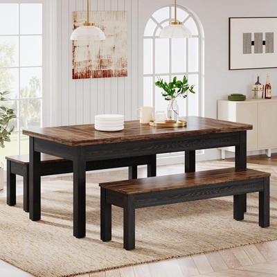 Farmhouse Kitchen Table Set for 4-6, 55-Inch Wooden Dining Table with 2 Benches