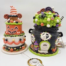 Halloween Candy Witch Cauldron and Cake Decorations Light Up LED Tabletop