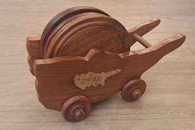 Vintage Holz Zypern Runde Untersetzer 6er Set in Rollwagen Halter Holz