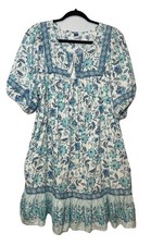 Old Navy Peasant Dress Women's Size XL White Blue Floral Puff Sleeve Boho Tassel