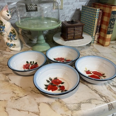 Vintage Enamel ware Diamond Lot 4 Cereal Bowls Floral Rose Cottage core country 