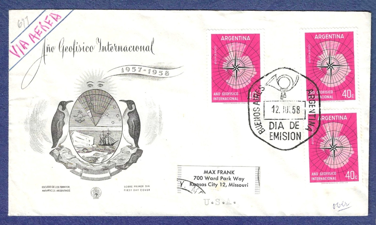 1958 Argentina CFL FDC Map of Antarctica issue #677