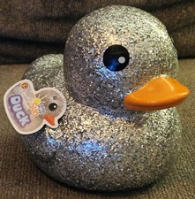Jumbo Duckie Large Sparkle Glitter Disco Rubber Duck Silver Ducky Vintage NEW