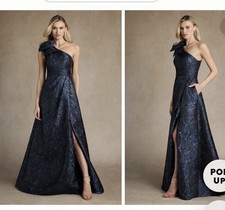 Azazie Easton One Shoulder Dark Navy Jacquard A-Line Formal  Dress $249 retail 