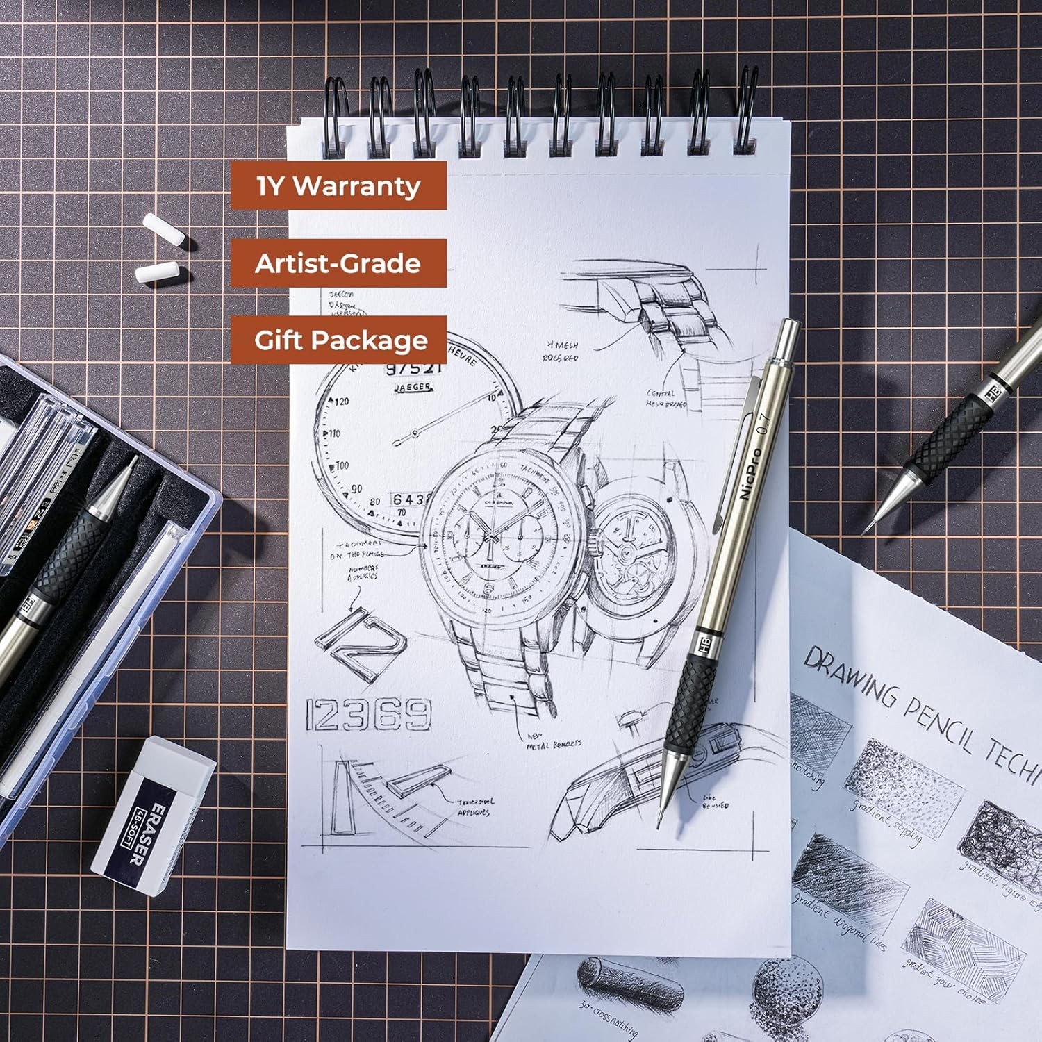 Nicpro 0.7 mm Art Mechanical Pencil Set in Storage Case, 3 PCS 0.7mm, Black 