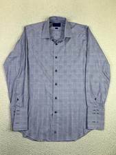 David Donahue Dress Shirt Mens 16 32/33 Blue Trim Fit Glen Plaid Cotton
