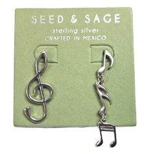 SEED & SAGE STERLING SILVER 925 MUSIC NOTE DANGLE DROP EARRINGS MIS-MATCH-MEXICO