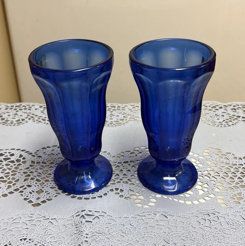 Vintage Set Of 2 COBALT BLUE Anchor Hocking Fountain Soda/Ice Cream Glasses-EUC