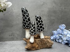 Hand Carved Black & White Mushroom Ornament Wooden Sculpture Teak Root Base