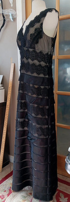 JS COLLECTIONS Black Satin Lace Overlay Mesh Stripe Gown Maxi Dress Sz 14 Lined