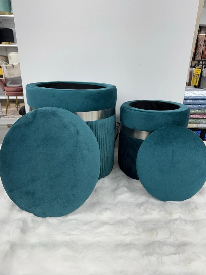 Set 2 Pouf Contenitore Velluto Verde Sgabello Poggiapiedi Con Argento - Immagine 3 di 4