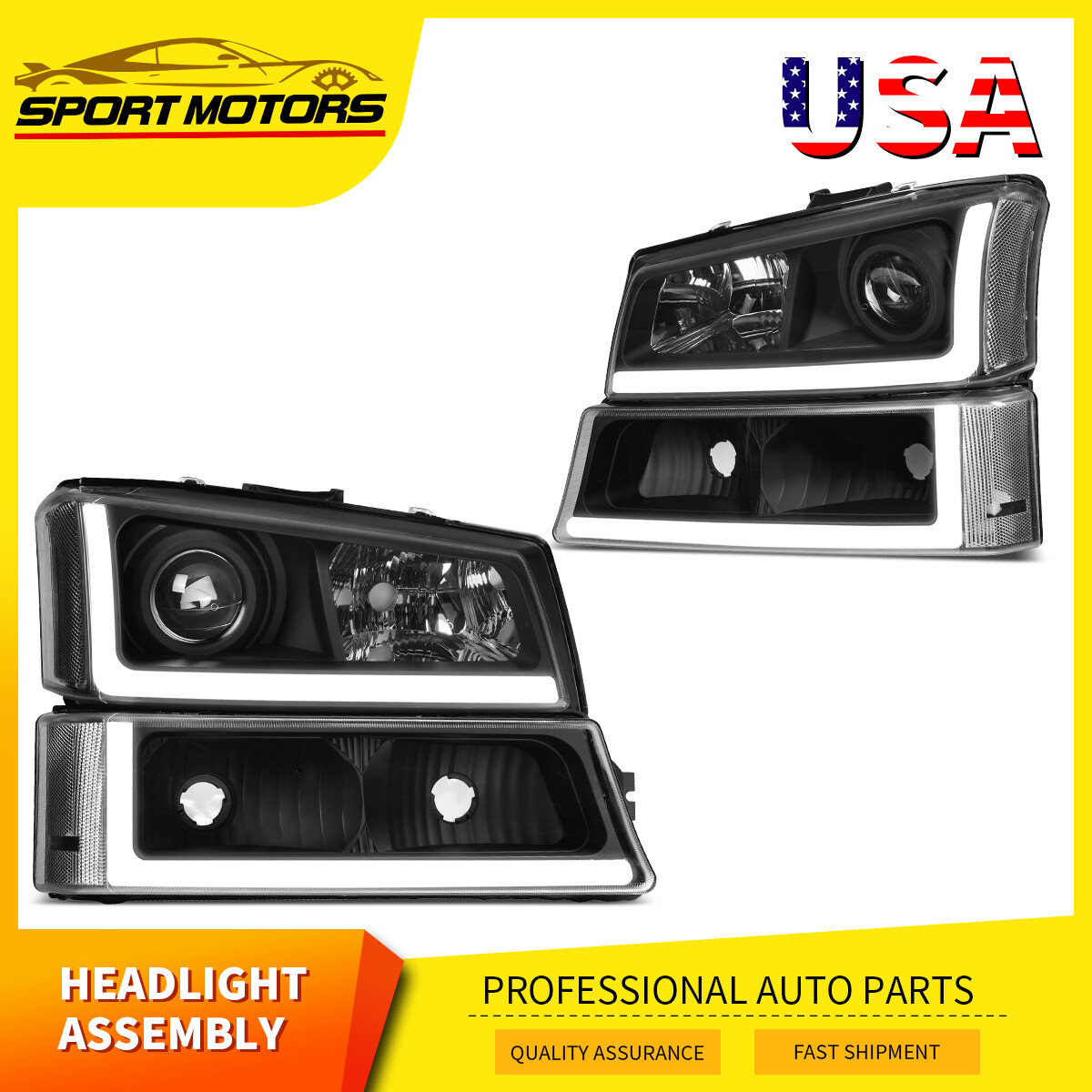LED DRL Projector Headlights + Bumper Lamps For 2003-2006 Silverado Avalanche