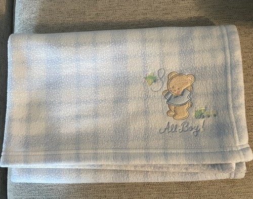 Just Born All Boy Blue Baby Blanket Approx38x30” Embroidered Bear Airplane Train - Picture 10 of 10