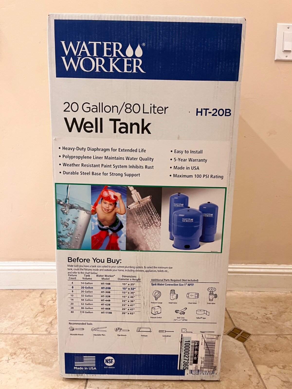 Water Worker H2O HT-20B 20 Gallon Pre Charged Pump Well Pressure Tank NEW SEALED