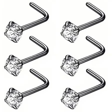 6pcs 20g 3.0mm Clear CZ 316L Surgical Steel Black Nose Rings Studs L-Shape No...
