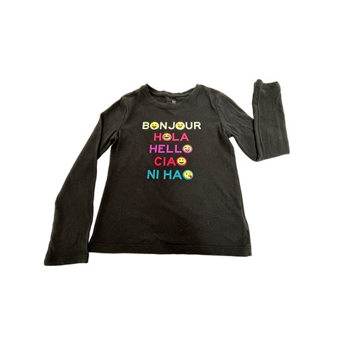 Gap Kids Girls T-Shirt S 6-7 Black Graphic Round Crew Neck Long Sleeves Bonjour - Picture 6 of 7