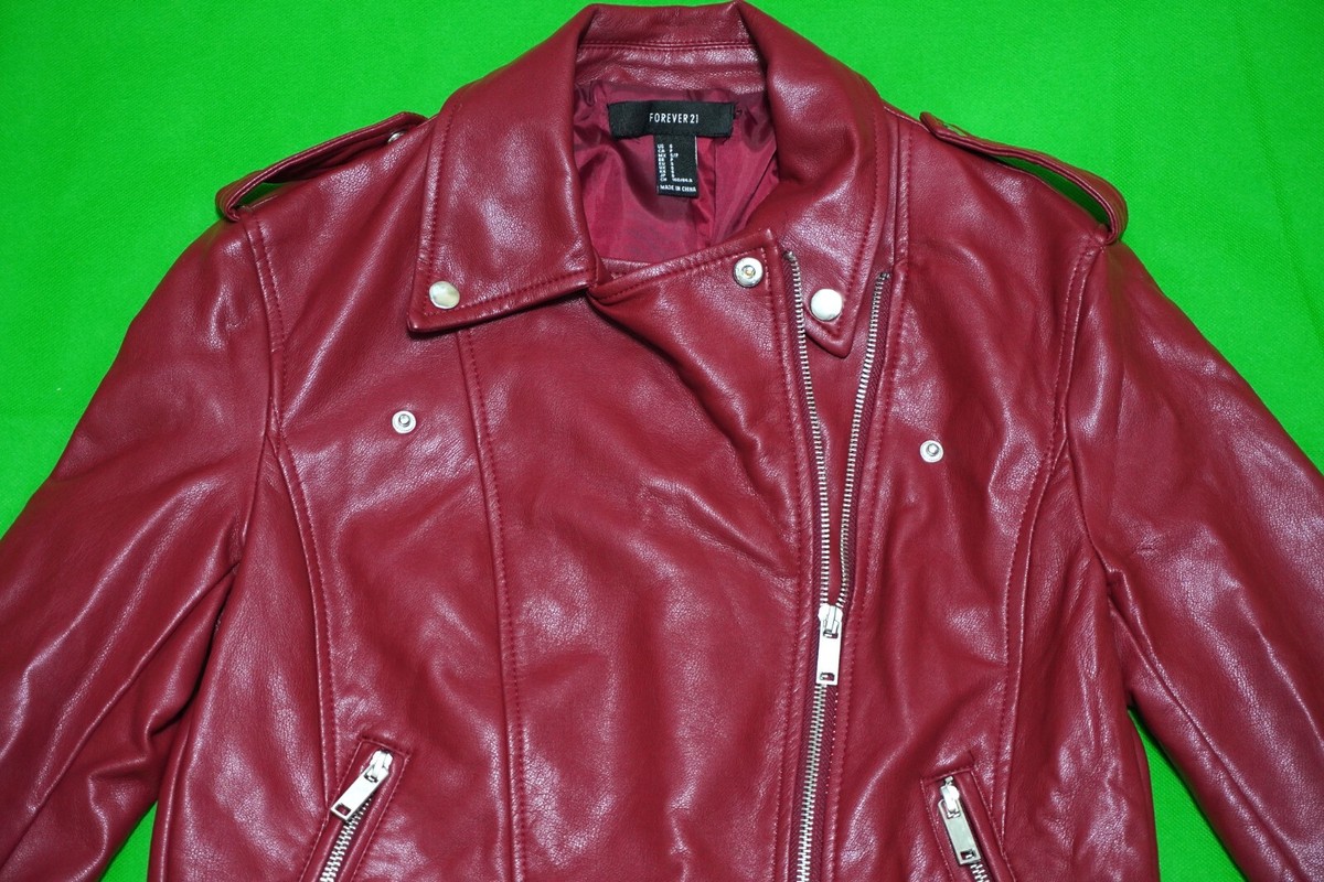 Women's Forever 21 Red Faux Leather Biker Moto Motorcycle Jacket S