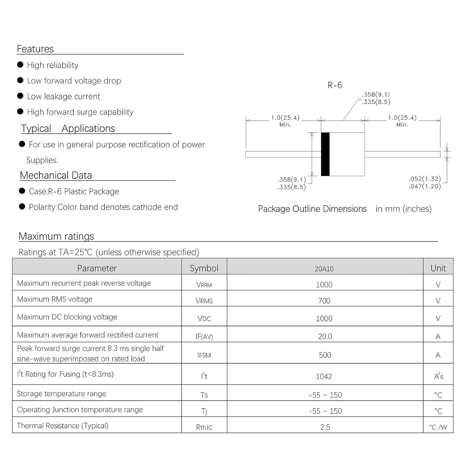 30Pcs 20A10 Rectifier Diode 20A 1000V Schottky Axial Doorbell Diodes 20 Amp 1000