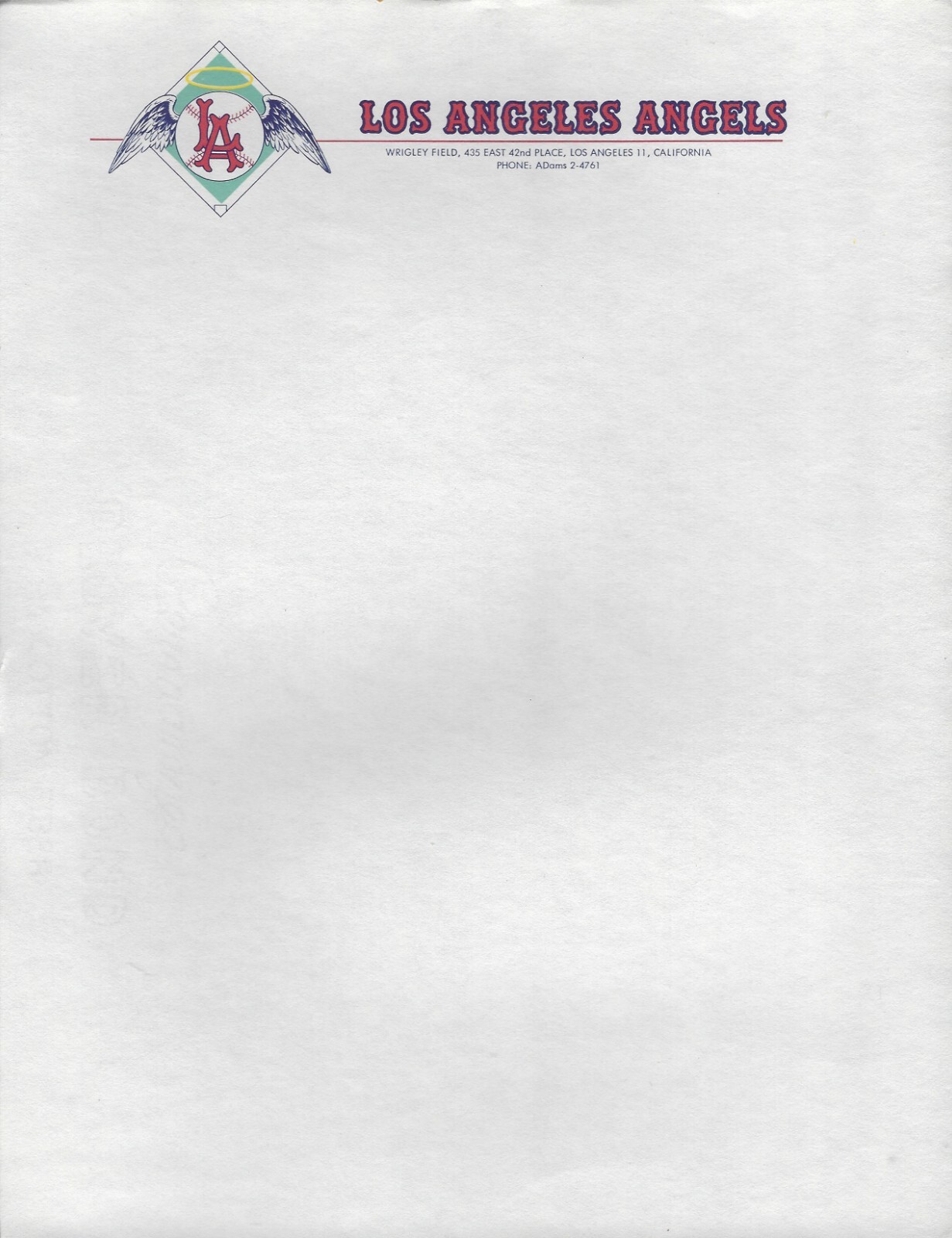 Rare 1961 Los Angeles Angels Inaugural Year Letterhead Stationery Wrigley Field