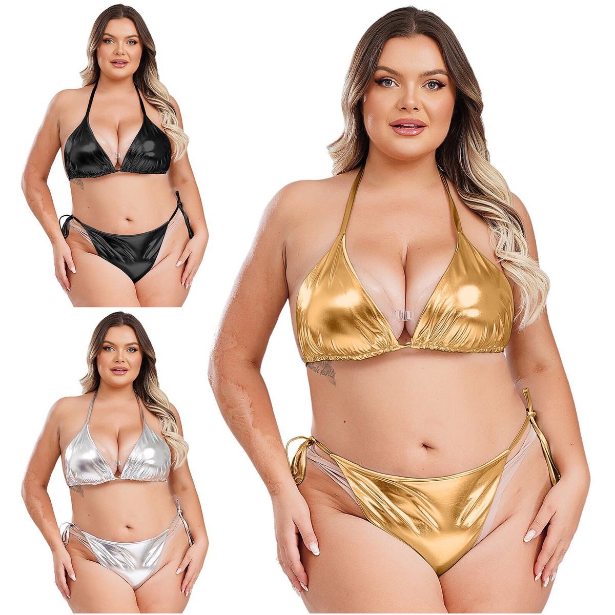 Women's Plus Size Bikini Swimsuit Hater Bra and Sexy Slip Shiny