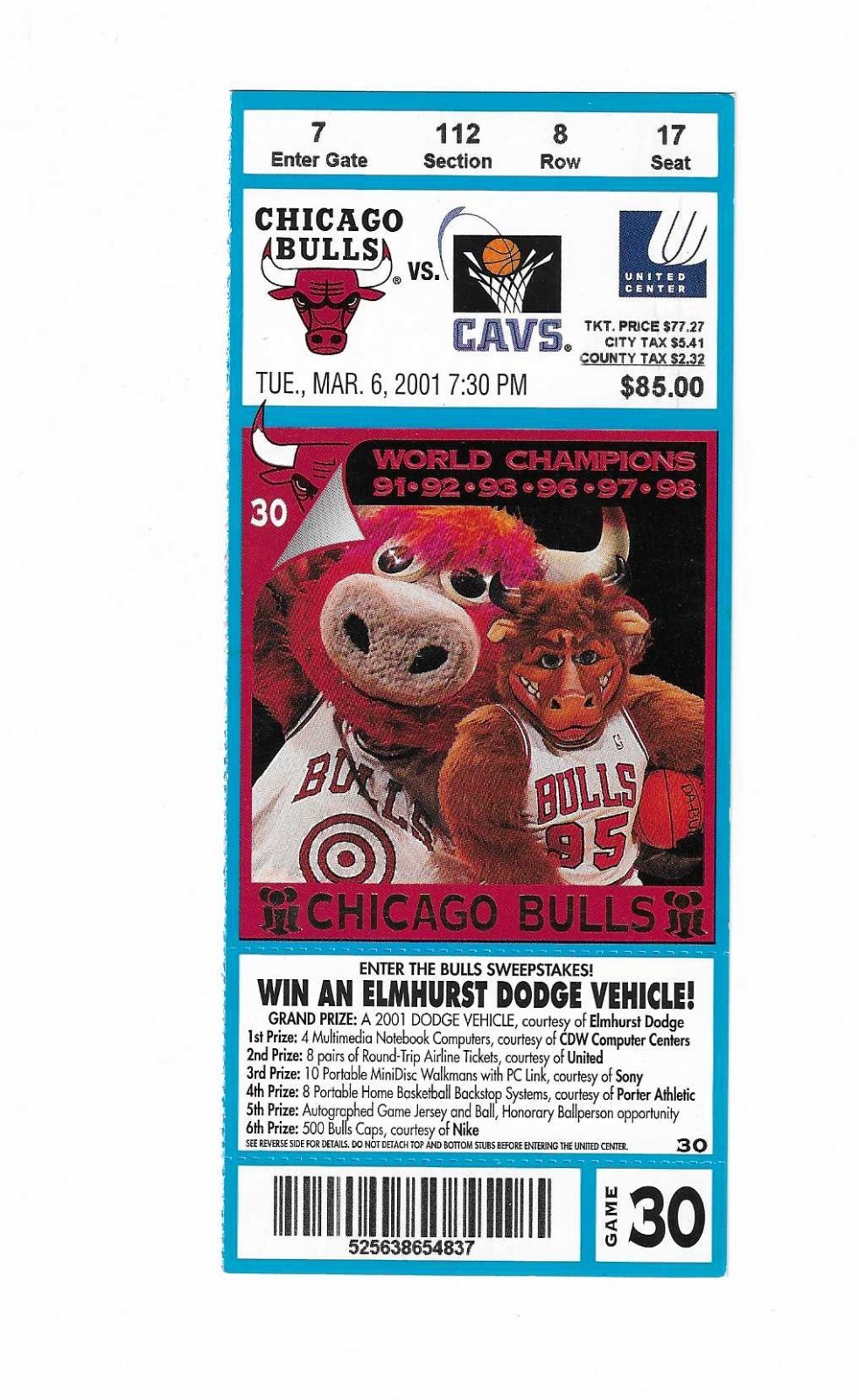 Chicago Bulls vs Cleveland Cavaliers Unused Basketball Ticket from 3/6/2001