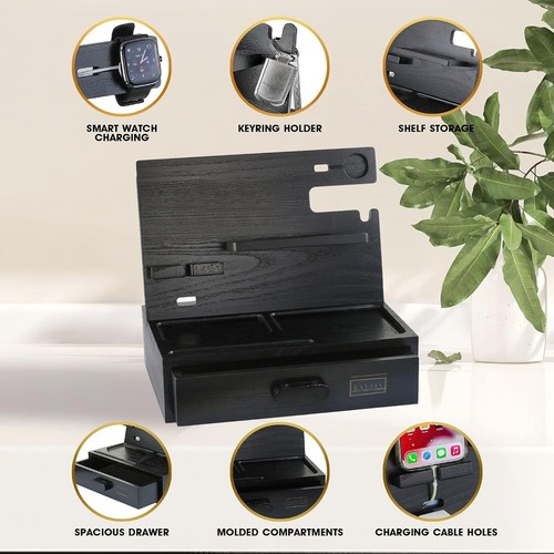 Wood Phone Docking Station for Men and Women with Drawer, Stylish Nightstand Org - Photo 7 sur 7