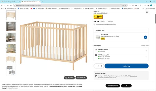 IKEA SNIGLAR Crib in Beech 502.485.41 with casters / waterproof mattress