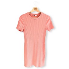 Ladies Pink Ribbed Dress Short Sleeved Knee Length Stretch Size Small, 8-10