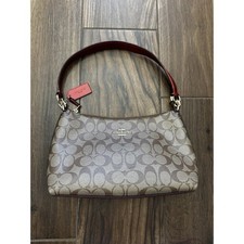 Coach Teri Shoulder Bag Signature Canvas Khaki Red 30059 Crossbody Handbag