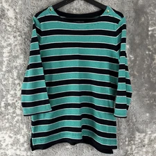 Croft Barrow Size L Striped Stretch 3/4 Sleeve Top Blue Black Button Casual