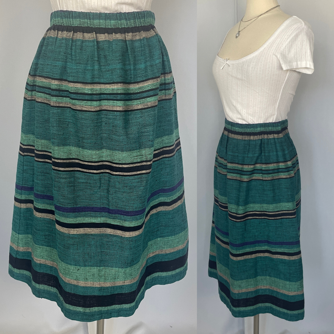 Vintage Midi Skirt Size 18 Teal Blue Striped Pull On Retro Casual Indie Boho 80s-image