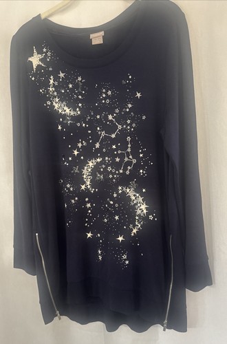 Chicos Zenergy Navy Blue Celestial Design Tunic Knit Top Sz 2/Large - Picture 7 of 9