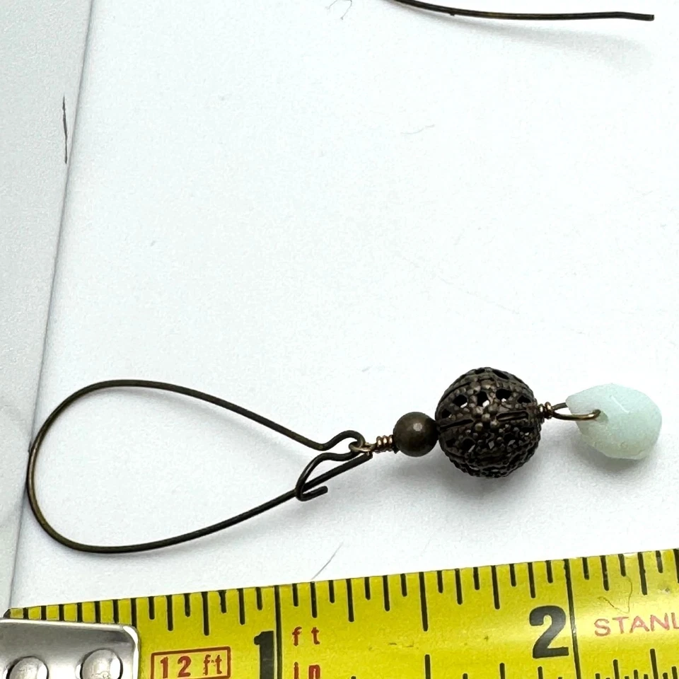 Pendientes de lágrima de bronce artesanales filigrana opaca aguamarina alambres largos Foto 4 de 4