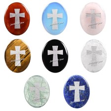 Thumb Worry Stone Silver Cross 45mm Crystal Healing Stone Palm Pocket Oval Stone
