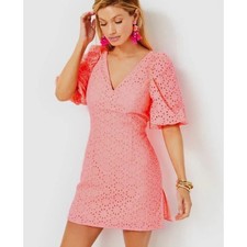 Lilly Pulitzer Celestina V-Neck Romper Sunrise Coral Neon Sunburst Eyelet Size 8
