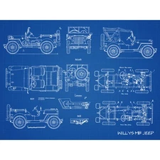 Willys MB US Military Jeep Vehicle Blueprint Plan Huge Wall Art Poster Print