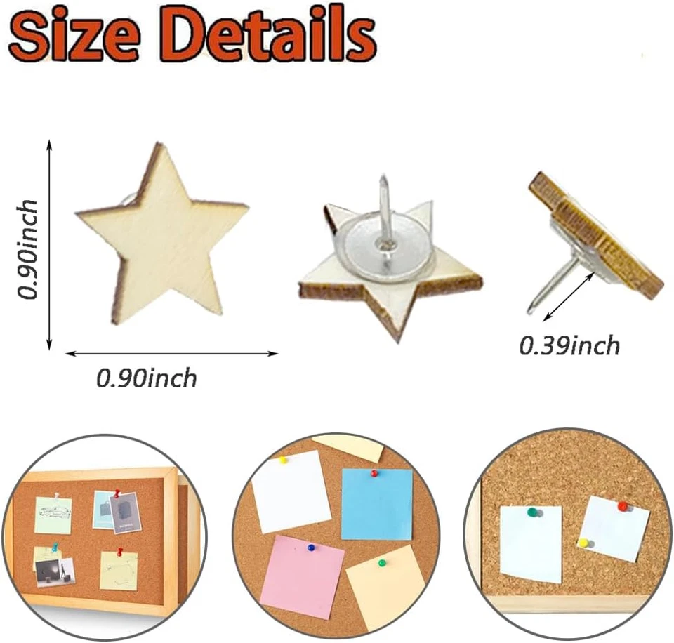 30 Pcs Wood Push Pins Star Shape Cute Decorative Thumbtacks for Cork Boards Map  - Image 2 of 4