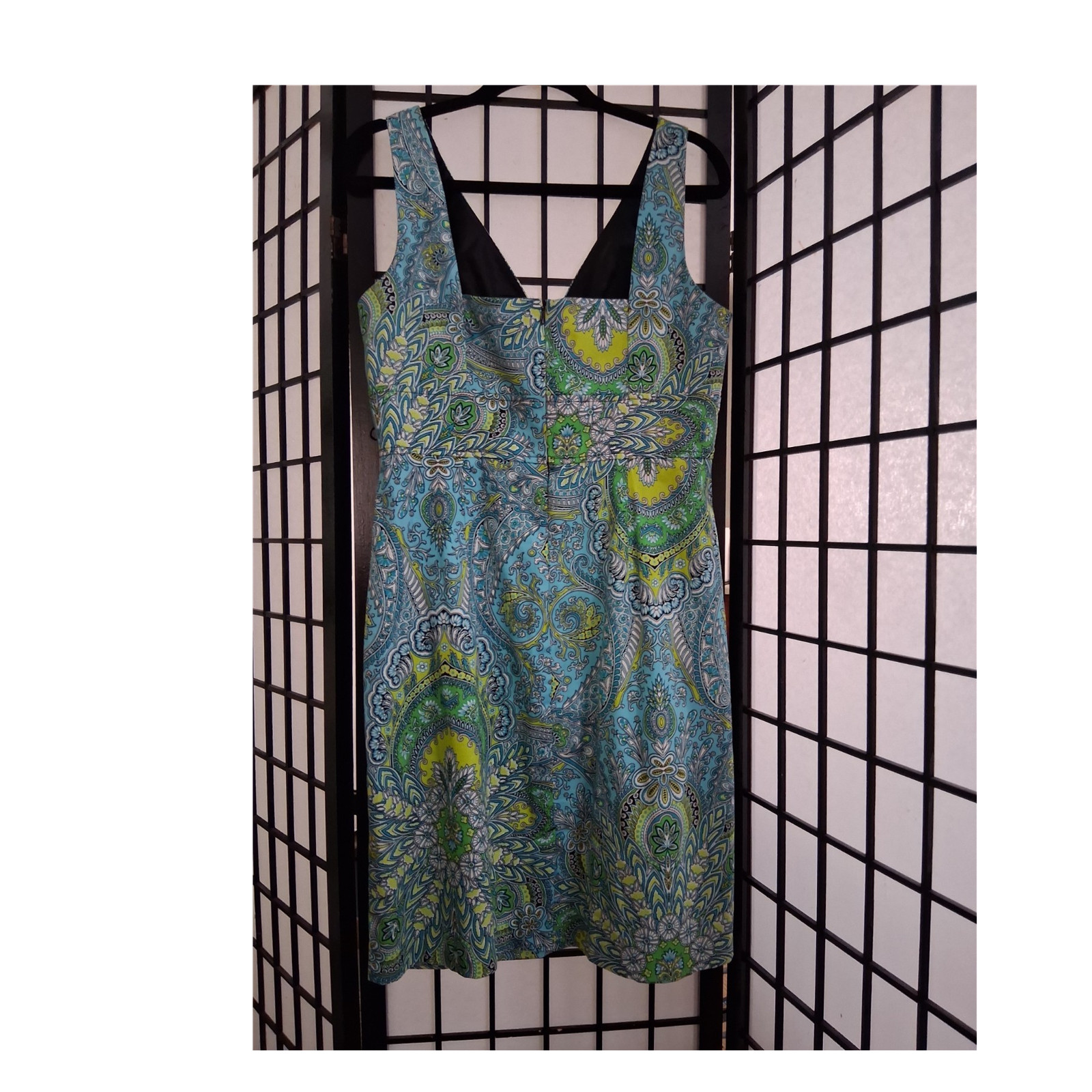 I.N. Studio Blue/Green Paisley Sleeveless Sheath V Neck Zip 