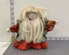 Vintage Japanese Kabuki Ceramic Doll White Hair Silk Brocade Kimono 8 Inch