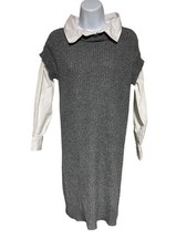 Tahari Gray Sweater Dress With White Button-Down Shirt Sleeves Size XS