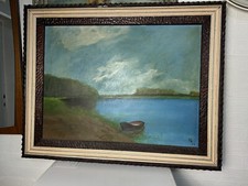 Ölbild Signiert See Fluss Meer Gemälde  Sommer  See Meer Boot 97x76 Doppel Bild