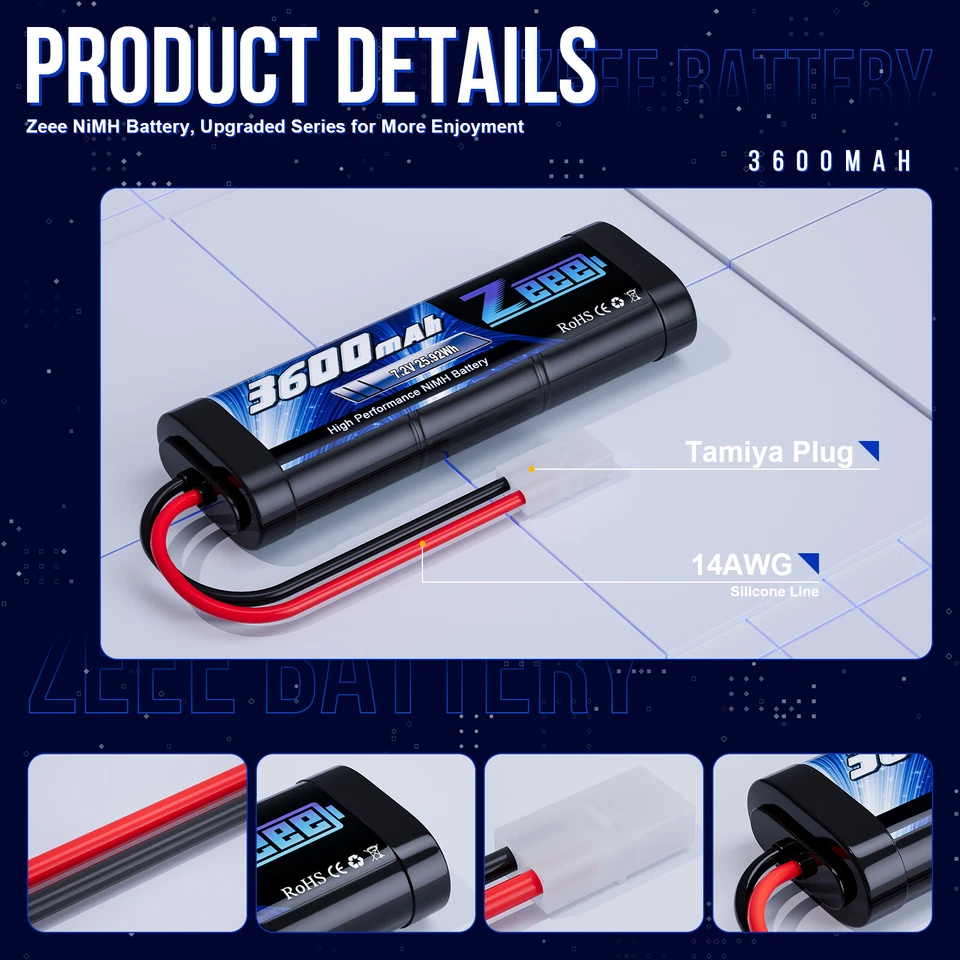 2X Zeee 7,2V 3600mAh Nimh Akku Batterie Tamiya Stecker für RC Flugzeug Auto Boot - Bild 2 von 4